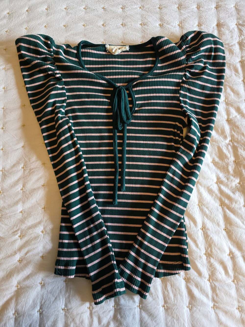 Anthropologie Porridge‎ Striped Ribbed Puff-Sleeve Tie-Front Top